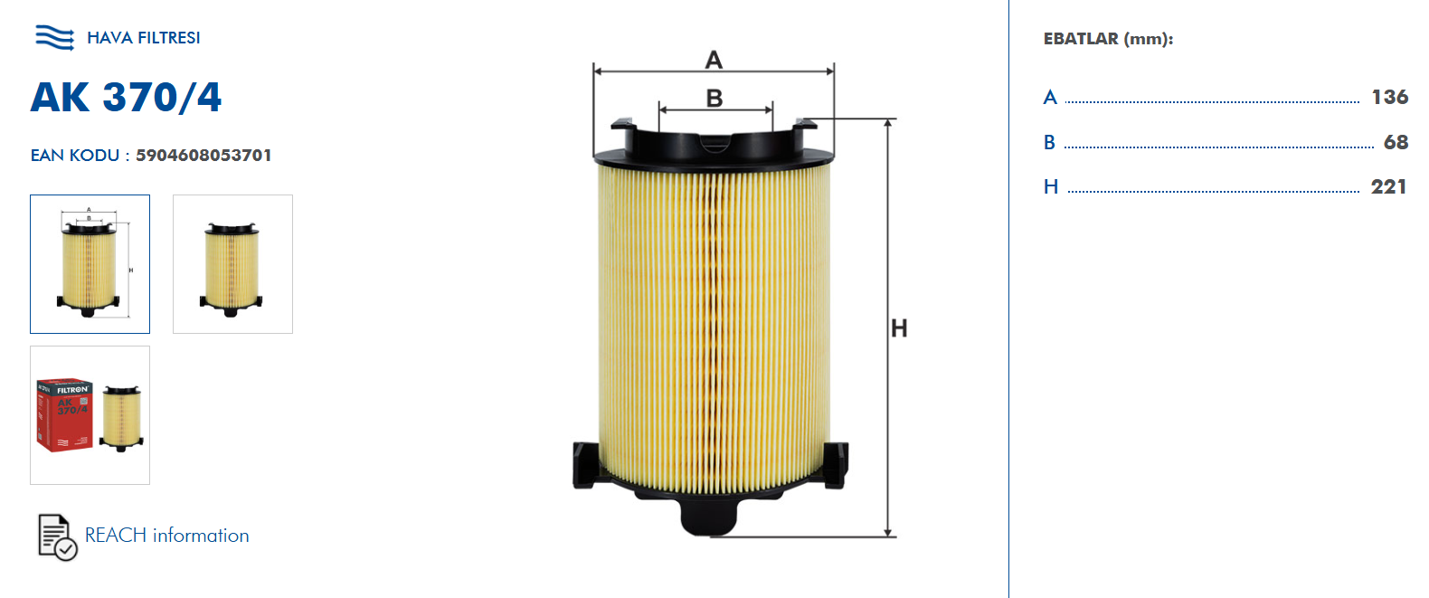 FILTRON AK370/4 Ürün Detay Ve Boyutları