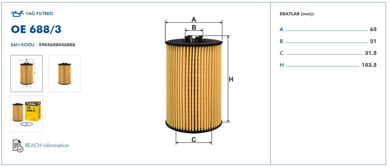 FILTRON OE688-3 Ürün Önemli Bilgi ve Boyutları
