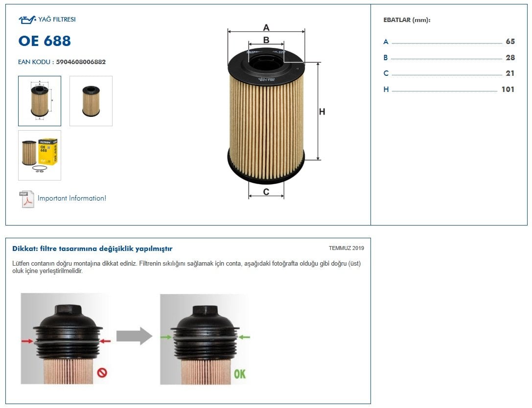 FILTRON OE688 Ürün Önemli Bilgi ve Boyutları