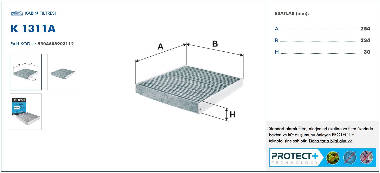 Filtron K1311A Ürün Bilgi ve Ölçüler