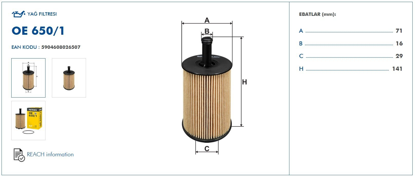 Filtron OE650-1 Ürün Bilgi ve Ölçüler